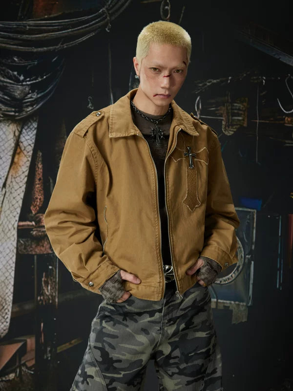 Retro Cross Patchwork Zip Work Jacket 1