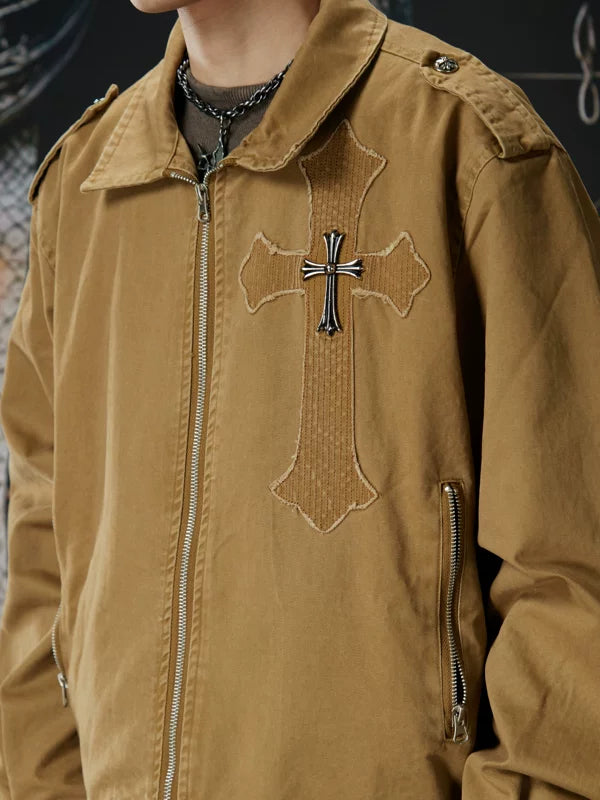 Retro Cross Patchwork Zip Work Jacket 2