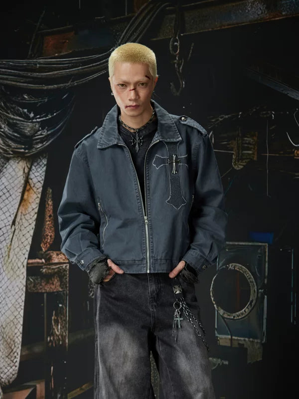 Retro Cross Patchwork Zip Work Jacket 3
