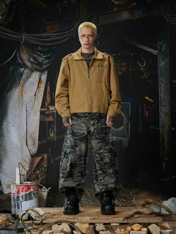 Retro Cross Patchwork Zip Work Jacket 4