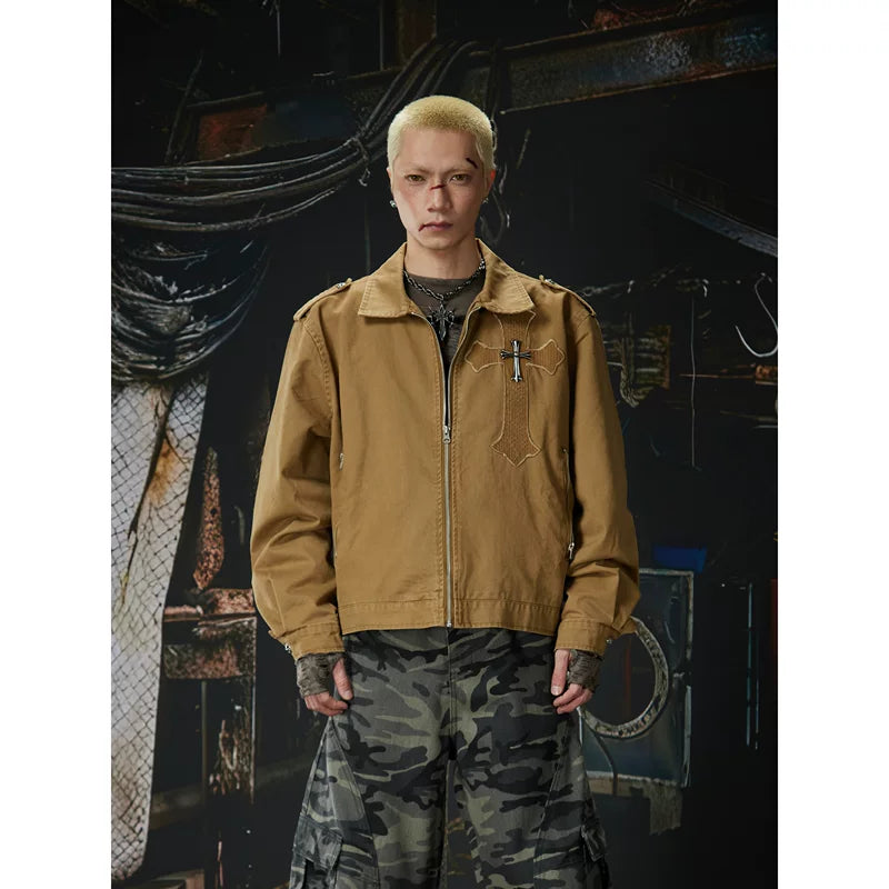 6197727043344,6197727043346,6197727043348, Retro Cross Patchwork Zip Work Jacket