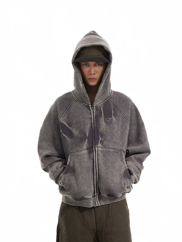 Retro Distressed Fleece-Lined Zip Hoodie 1