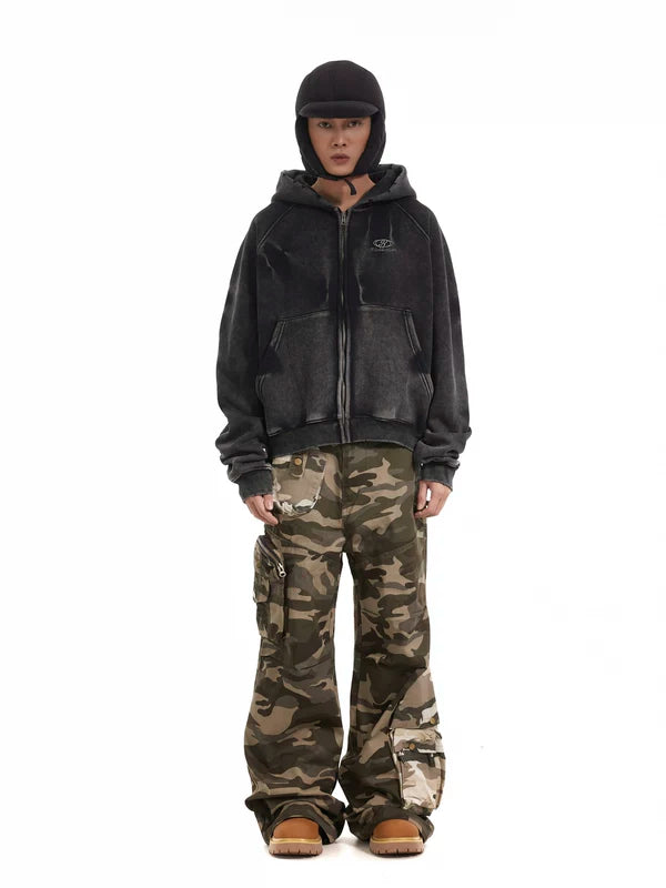 Retro Distressed Fleece-Lined Zip Hoodie 2