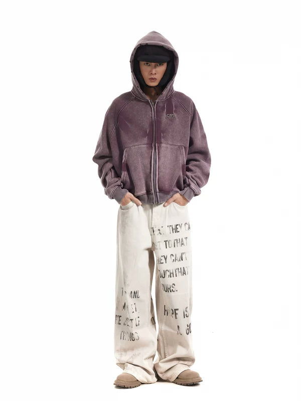 Retro Distressed Fleece-Lined Zip Hoodie 3