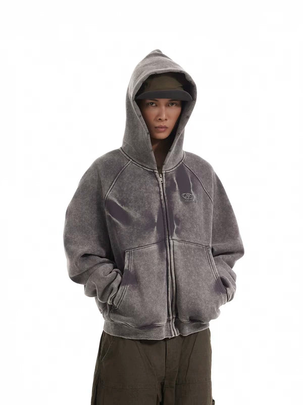 Retro Distressed Fleece-Lined Zip Hoodie 4