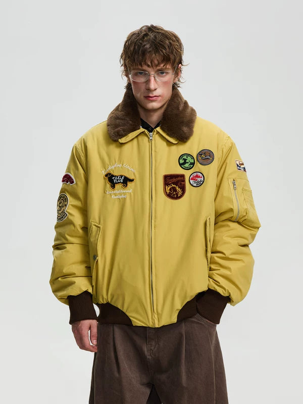 ,6145808451065,6145808451066,6145808451067, Retro Embroidered Badge Fur Collar Jacket
