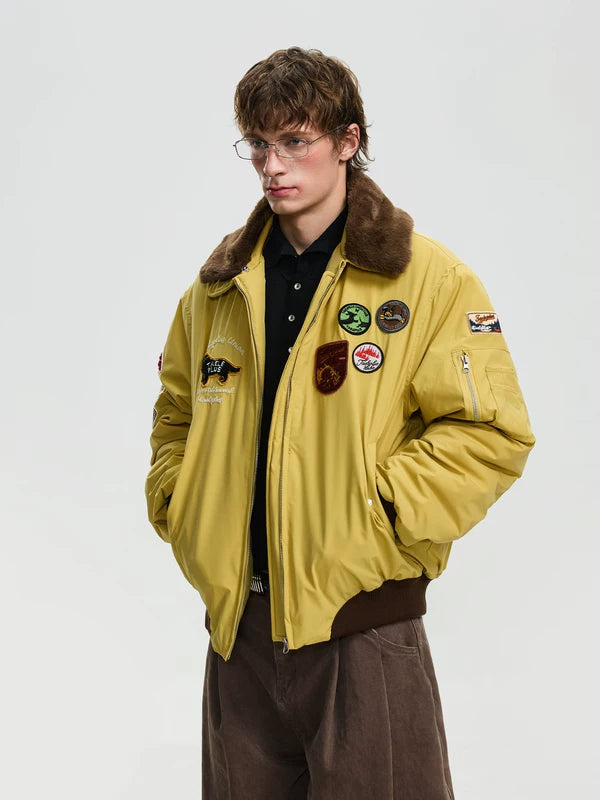 Retro Embroidered Badge Fur Collar Jacket 2