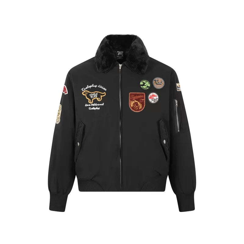 6145808451068,6145808451069,6145808451070, Retro Embroidered Badge Fur Collar Jacket