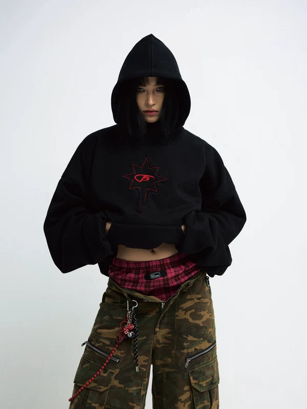 Retro Embroidered Cropped Hooded Sweatshirt 1