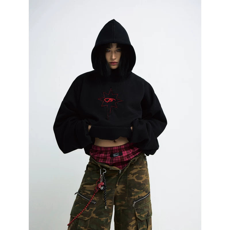 5743577538080,5743577538081,5743577538082, Retro Embroidered Cropped Hooded Sweatshirt