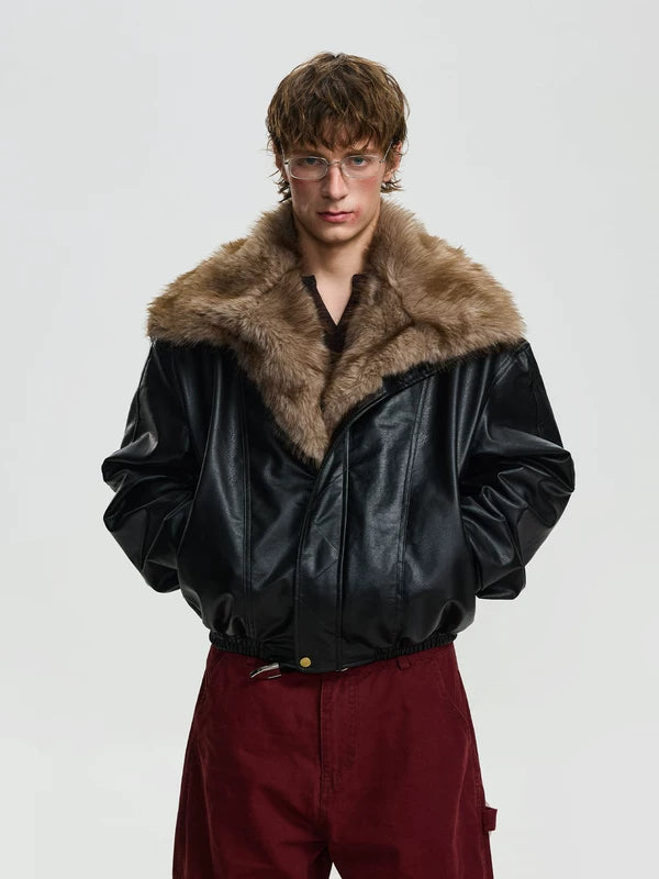 6145848779475,6145848779476,6145848779477,6145848779478, Retro Faux Fur Collar Leather Jacket