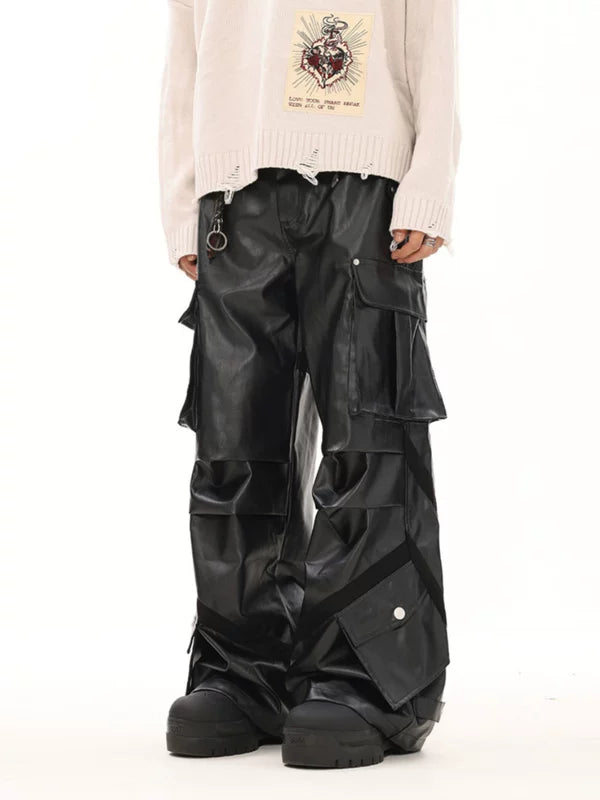Retro Faux Leather Cargo Motorcycle Pants 1
