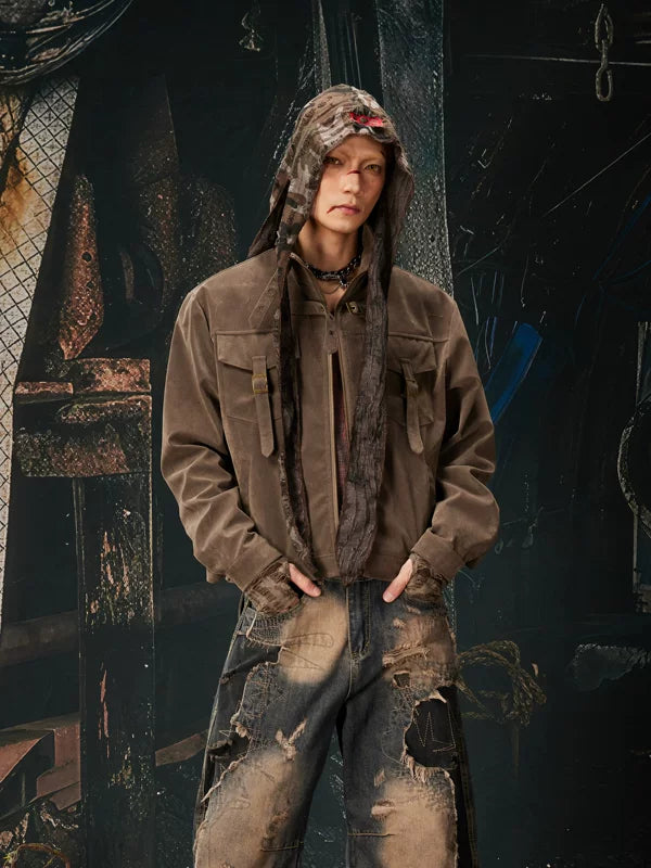 Retro Flocked Multi-Pocket Stand Collar Jacket 1
