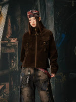 Retro Flocked Multi-Pocket Stand Collar Jacket 2