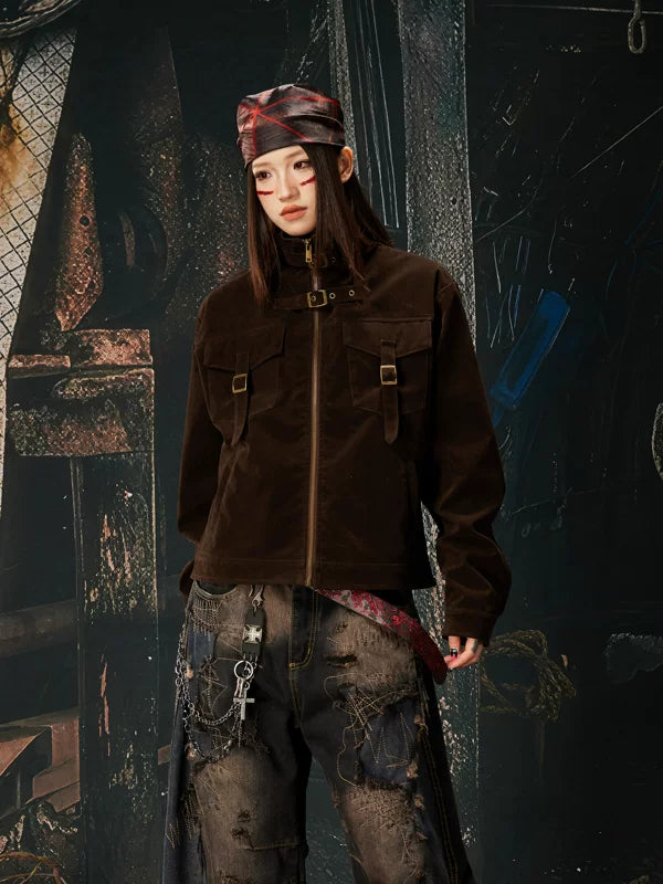Retro Flocked Multi-Pocket Stand Collar Jacket 2