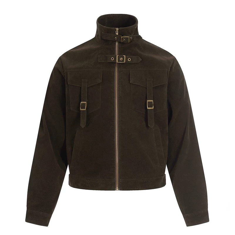 6017984285547,6017984285548,6017984285549, Retro Flocked Multi-Pocket Stand Collar Jacket