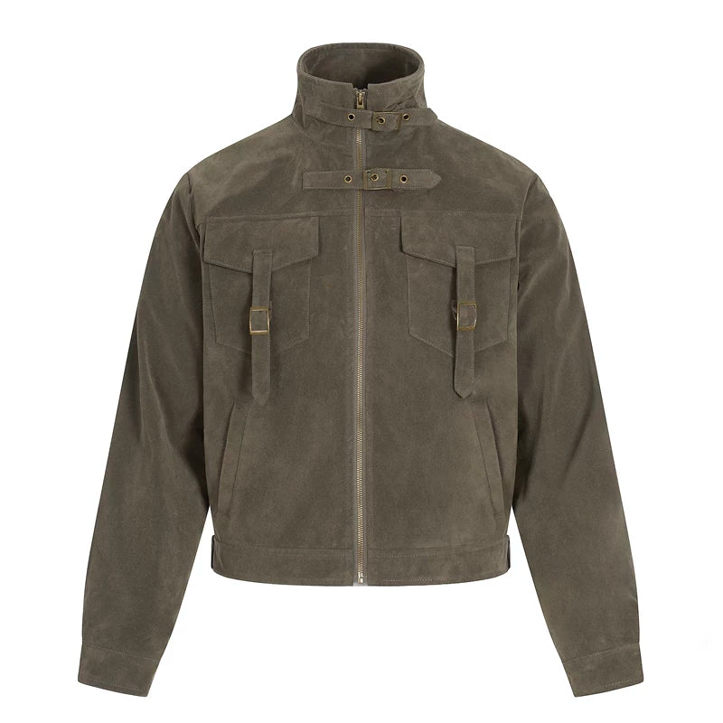 6017984285550,6017984285551,6017984285552, Retro Flocked Multi-Pocket Stand Collar Jacket