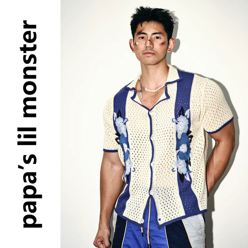 6096248233978,6096248233979,6096248233980, Retro Floral Embroidered Mesh Knit Shirt
