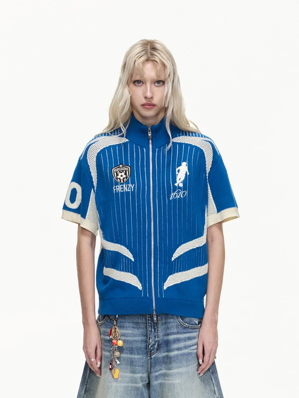 Retro Football Zip-Up Knit Polo Sweater 1