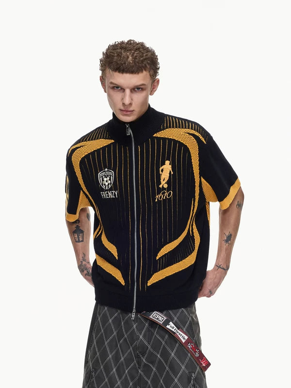 Retro Football Zip-Up Knit Polo Sweater 2