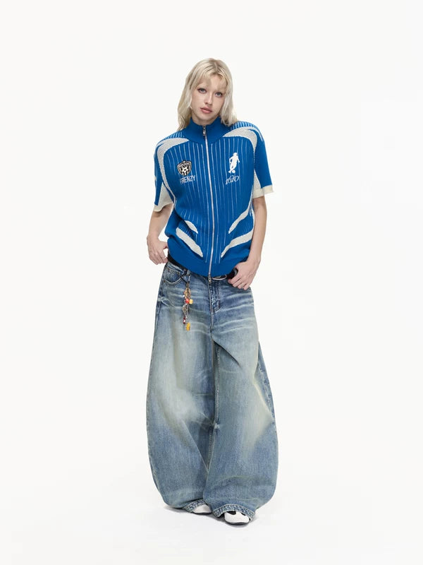Retro Football Zip-Up Knit Polo Sweater 4