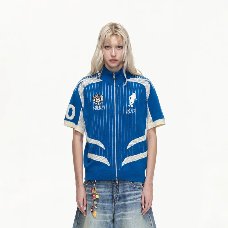 6200425150820,6200425150821,6200425150822, Retro Football Zip-Up Knit Polo Sweater