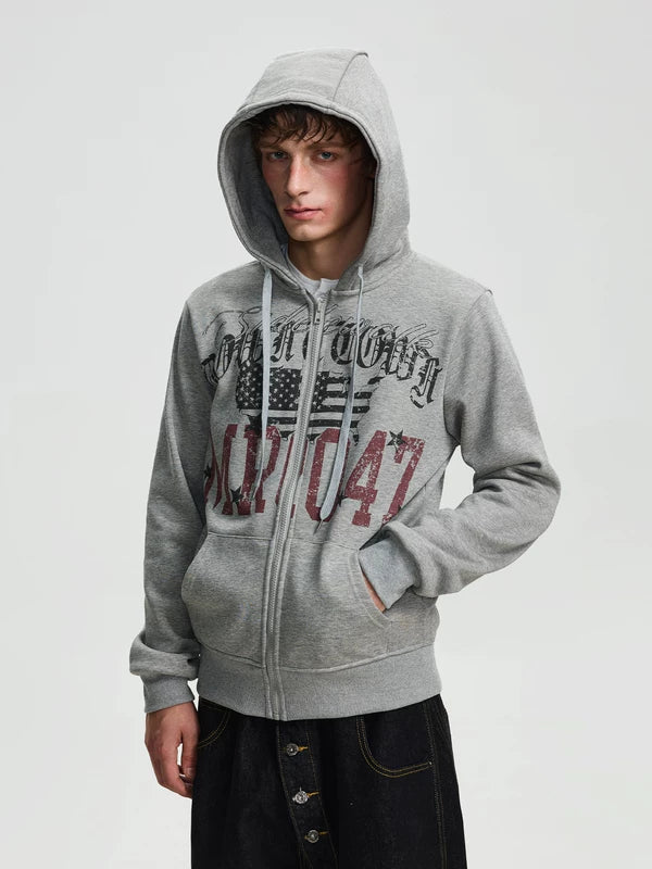 Retro Graphic Fleece-Lined Zip Hoodie 1