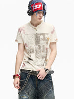 Retro Graphic Print Cotton Henley T-Shirt 1