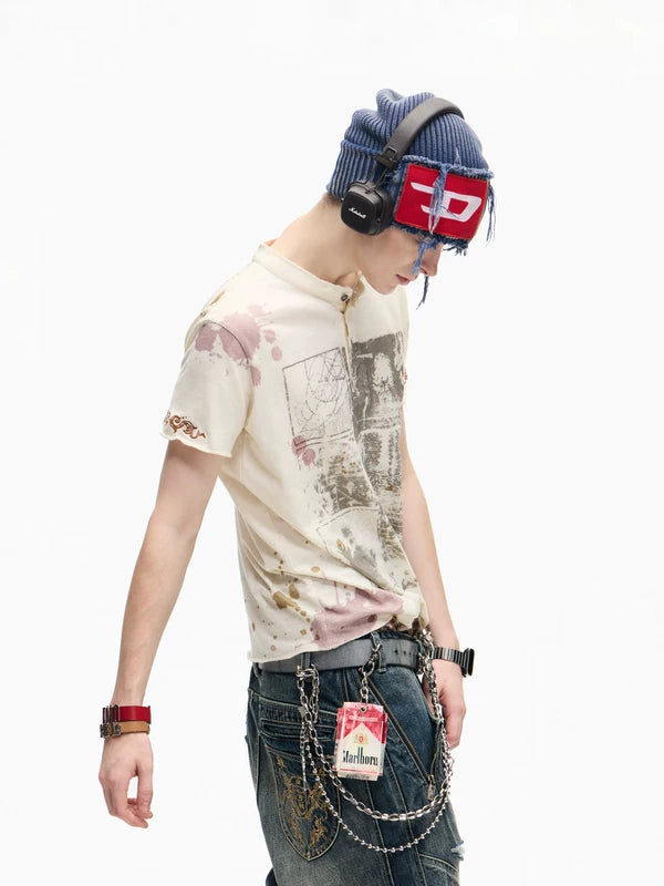 Retro Graphic Print Cotton Henley T-Shirt 2