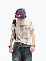 Retro Graphic Print Cotton Henley T-Shirt 4