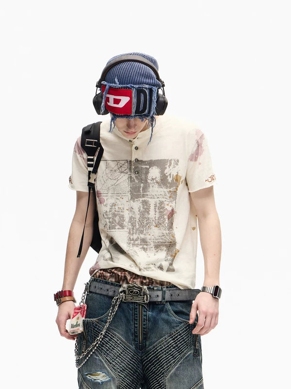 Retro Graphic Print Cotton Henley T-Shirt 4