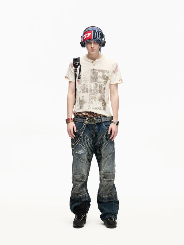 Retro Graphic Print Cotton Henley T-Shirt 5