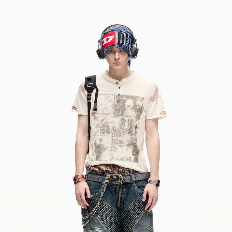 6051122960562,6051122960563,6051122960564, Retro Graphic Print Cotton Henley T-Shirt