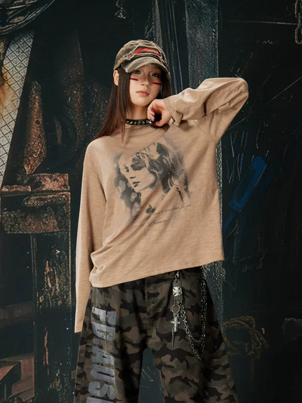 Retro Graphic Print Loose Long-Sleeve T-Shirt 2