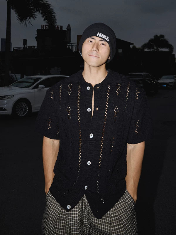 Retro Hollow-Out Knit Button-Up Shirt 1