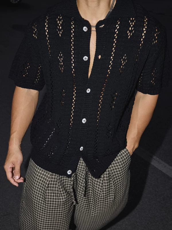 Retro Hollow-Out Knit Button-Up Shirt 3