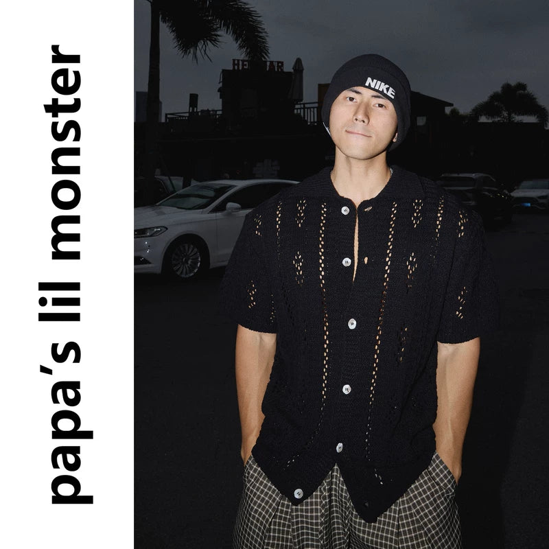 6217439674897,6217439674898,6217439674899, Retro Hollow-Out Knit Button-Up Shirt