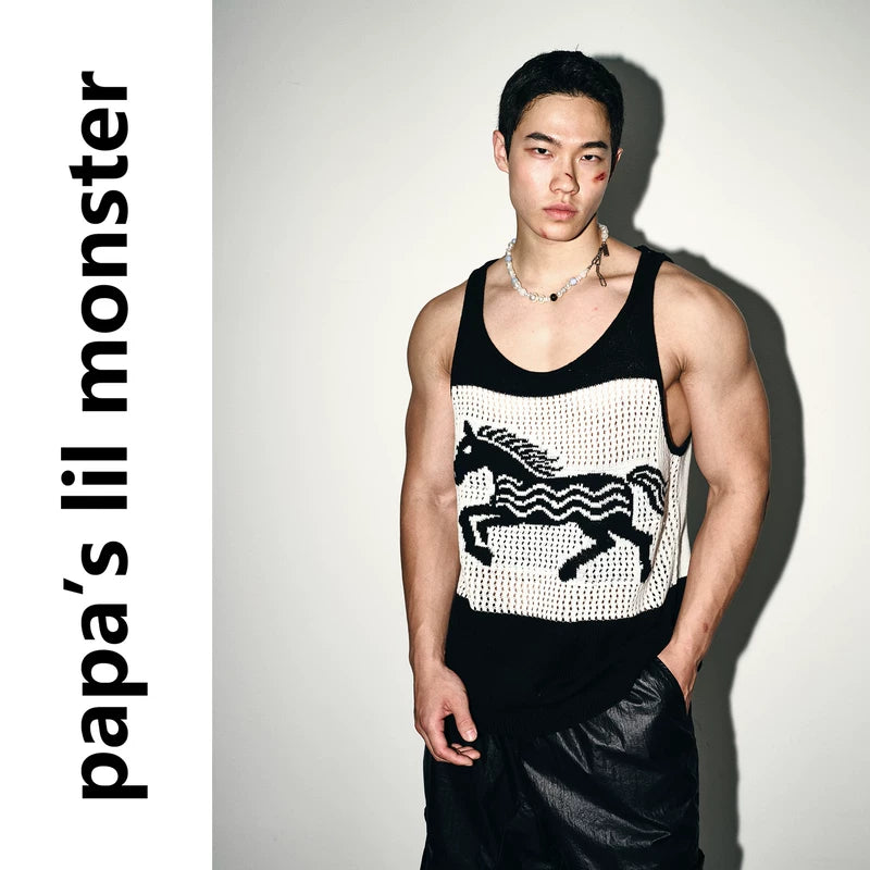 6096242637250,6096242637251,6096242637252, Retro Horse Graphic Mesh Knit Vest