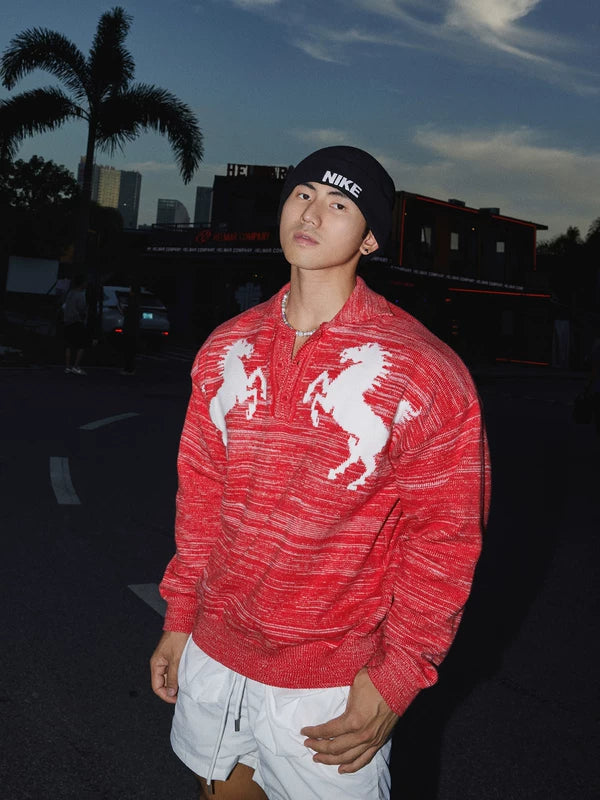 Retro Horse Pattern Knit Polo Sweater 1