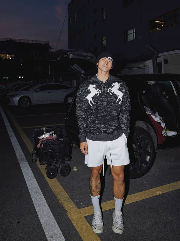 Retro Horse Pattern Knit Polo Sweater 2