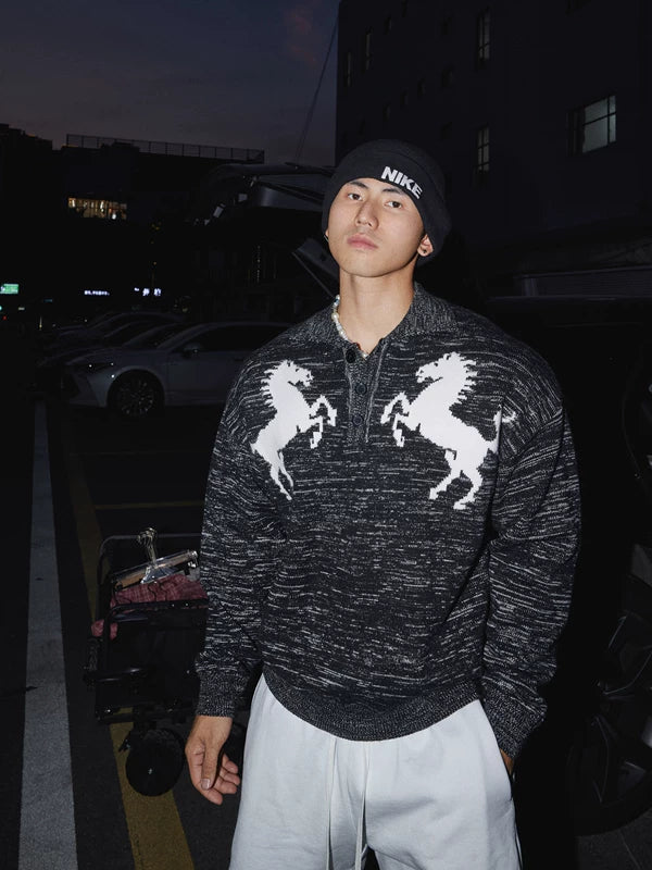 Retro Horse Pattern Knit Polo Sweater 3