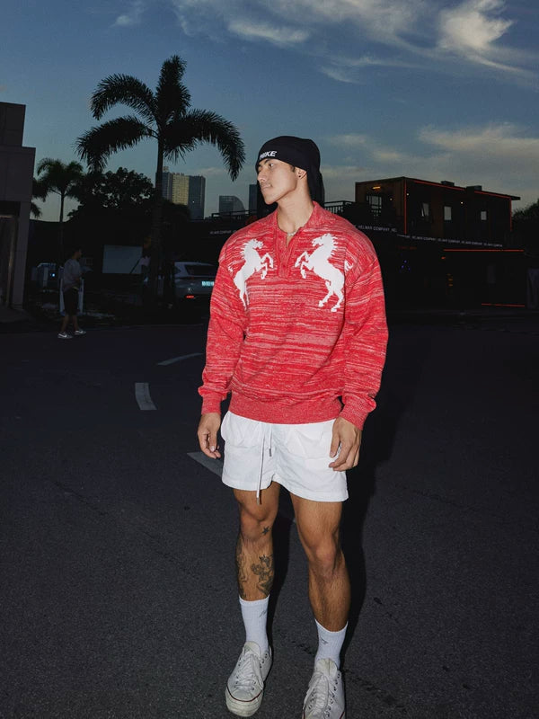 Retro Horse Pattern Knit Polo Sweater 4