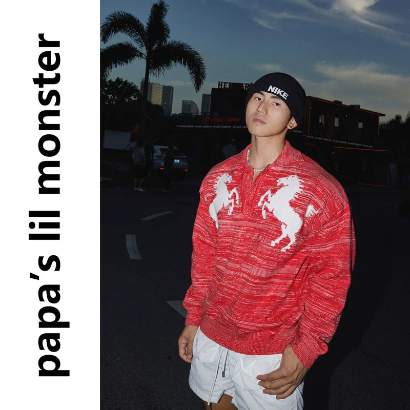 5986624892428,5986624892429,5986624892430, Retro Horse Pattern Knit Polo Sweater