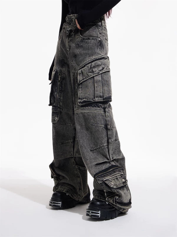 Retro Multi-Pocket Wide Leg Jeans Pants 1