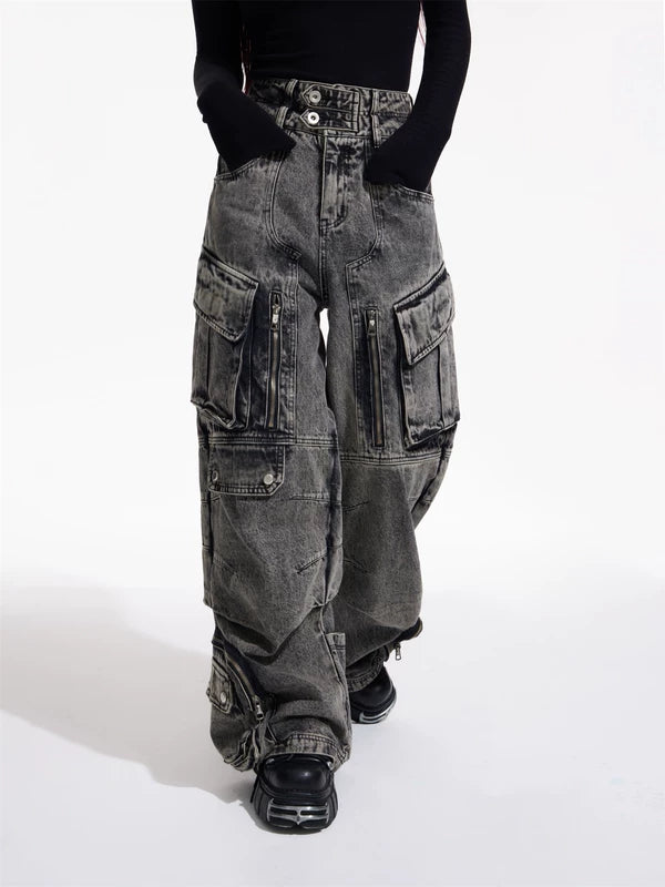 Retro Multi-Pocket Wide Leg Jeans Pants 2