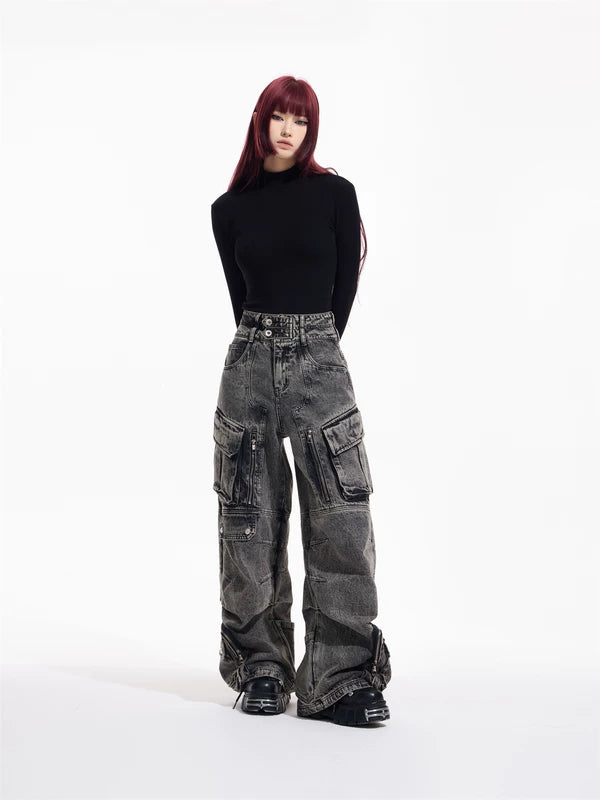 Retro Multi-Pocket Wide Leg Jeans Pants 3