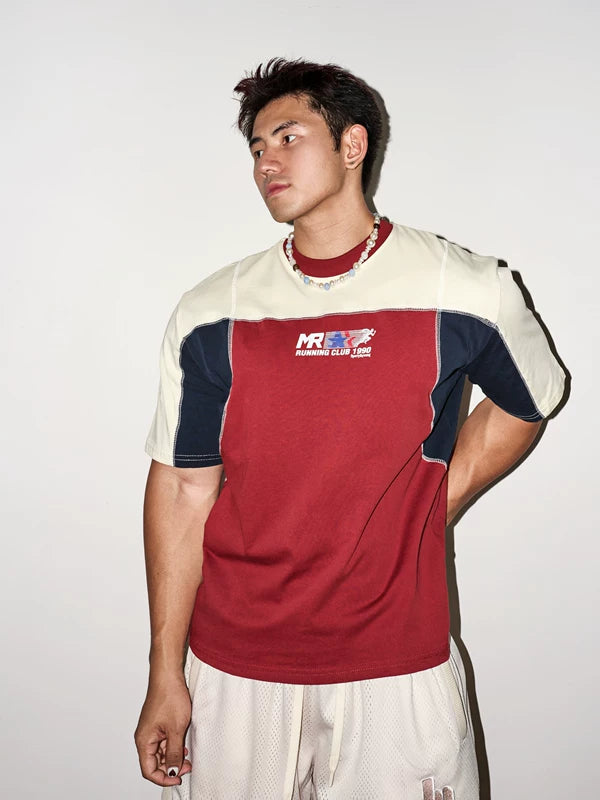 Retro Patchwork Topstitching Short-Sleeve T-Shirt 1