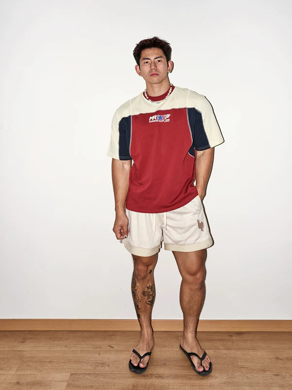 Retro Patchwork Topstitching Short-Sleeve T-Shirt 2