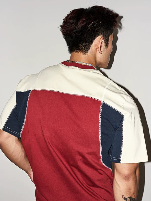 Retro Patchwork Topstitching Short-Sleeve T-Shirt 4