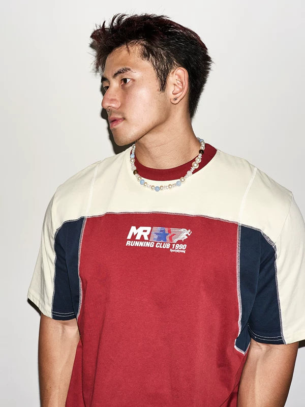 Retro Patchwork Topstitching Short-Sleeve T-Shirt 5